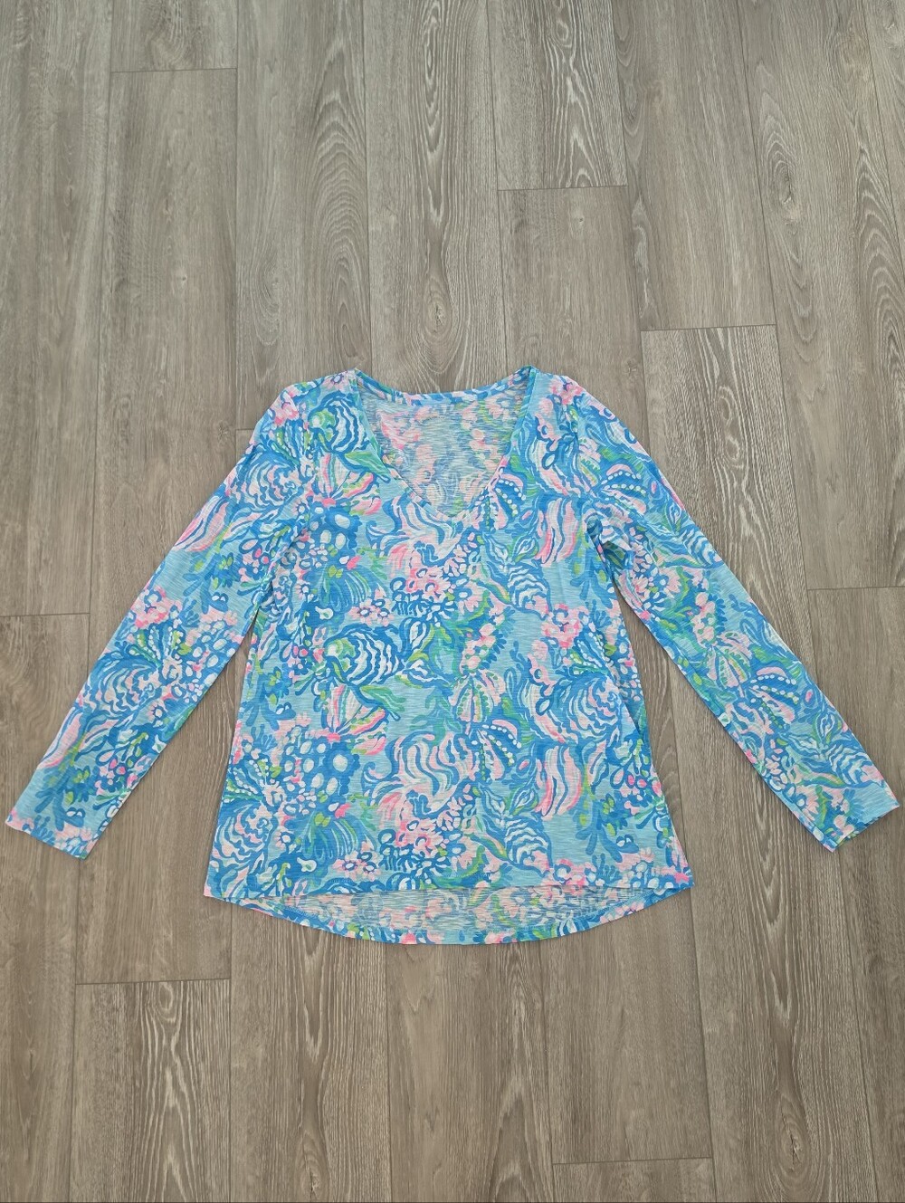 Lilly Pulitzer V-Neck Long Sleeve Top in Blue, Pink & Green Floral Print